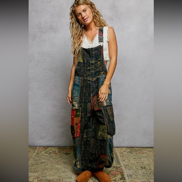 Boho Patchwork Wide-Leg Overalls - Multicolor - Picture 4 of 8
